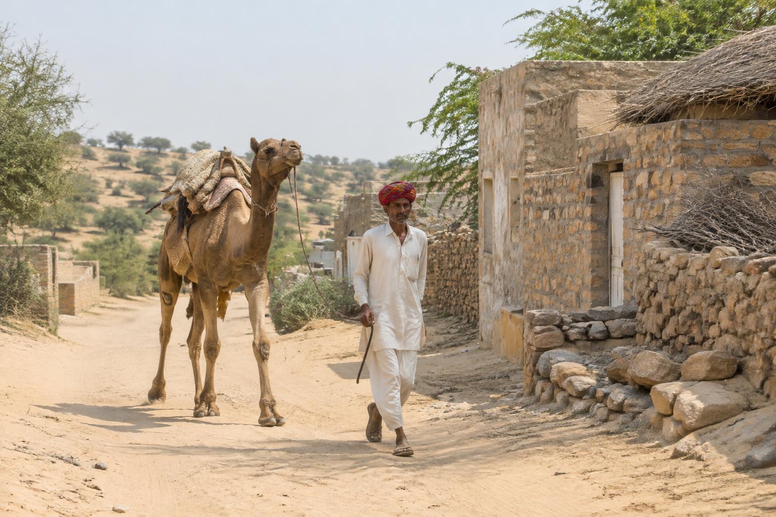 Illustrative desert scene with a camel being led past modest stone homes