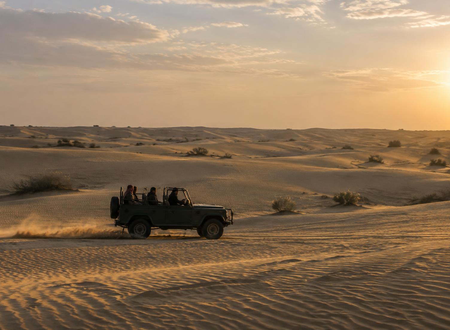 Open jeep moving across wind-rippled desert dunes