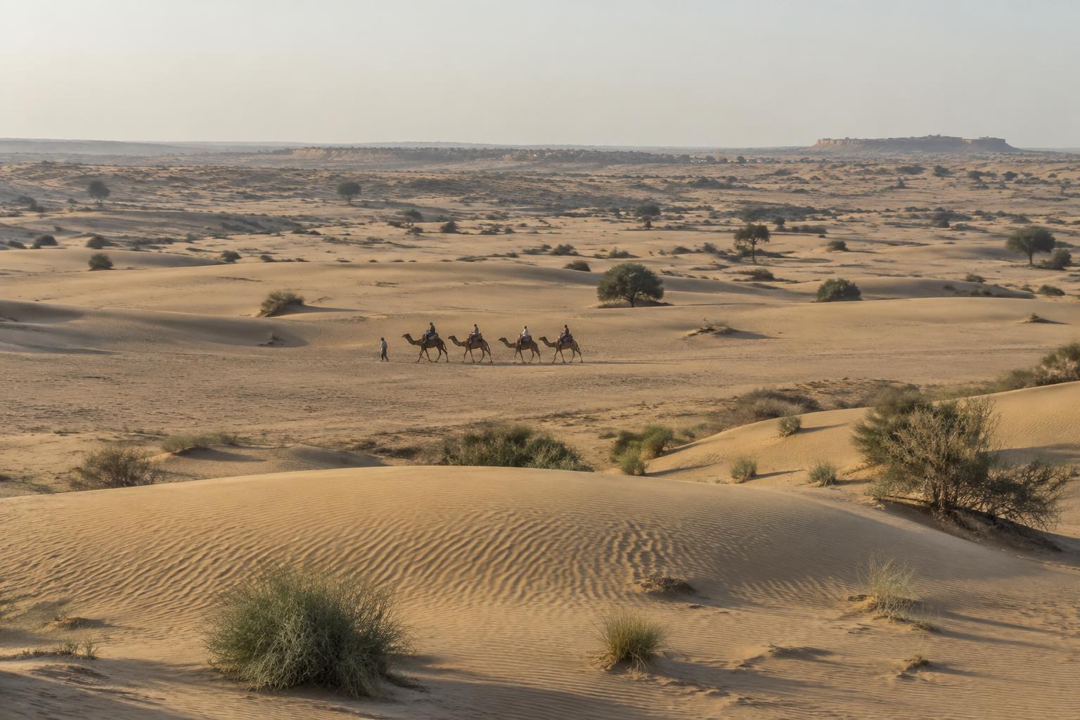 Illustrative view of a distant camel caravan crossing open desert terrain