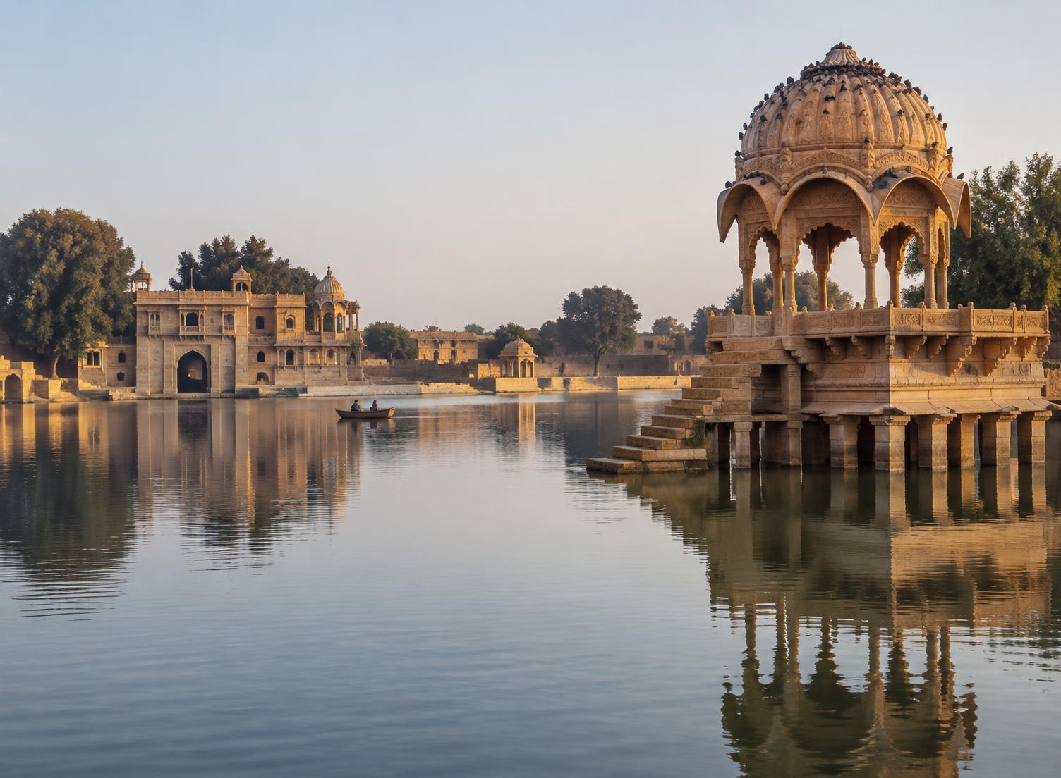Sandstone pavilion reflected in the calm water of Gadisar Lake