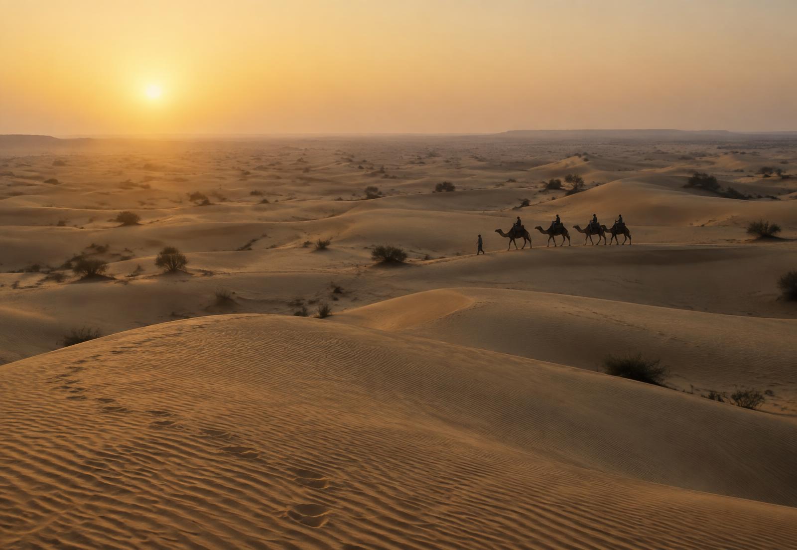 Camel caravan crossing rolling dunes in the Thar Desert at golden hour